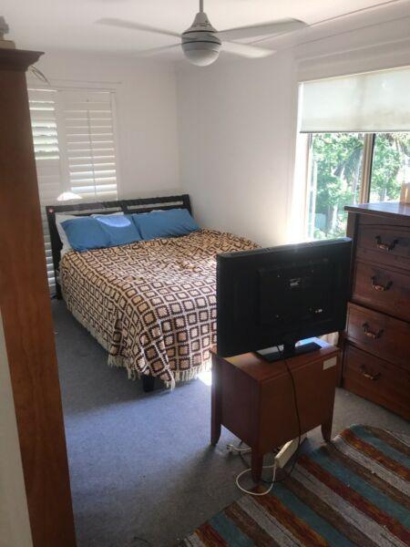 X Large bedroom, ceiling fan, wood floors & plantation shutters