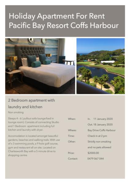 Holiday Accomodation Pacific Bay Resort Coffs Harbour 11- 18 Jan 2020