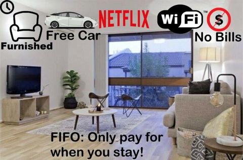 Your FIFO R&R Riverside Stay: Furnished, CAR incl! Netflix&Wifi&Bills