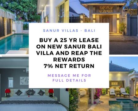 25yr lease NEW Sanur Bali Villas, 7% net return 500mtrs beach, Hyatt
